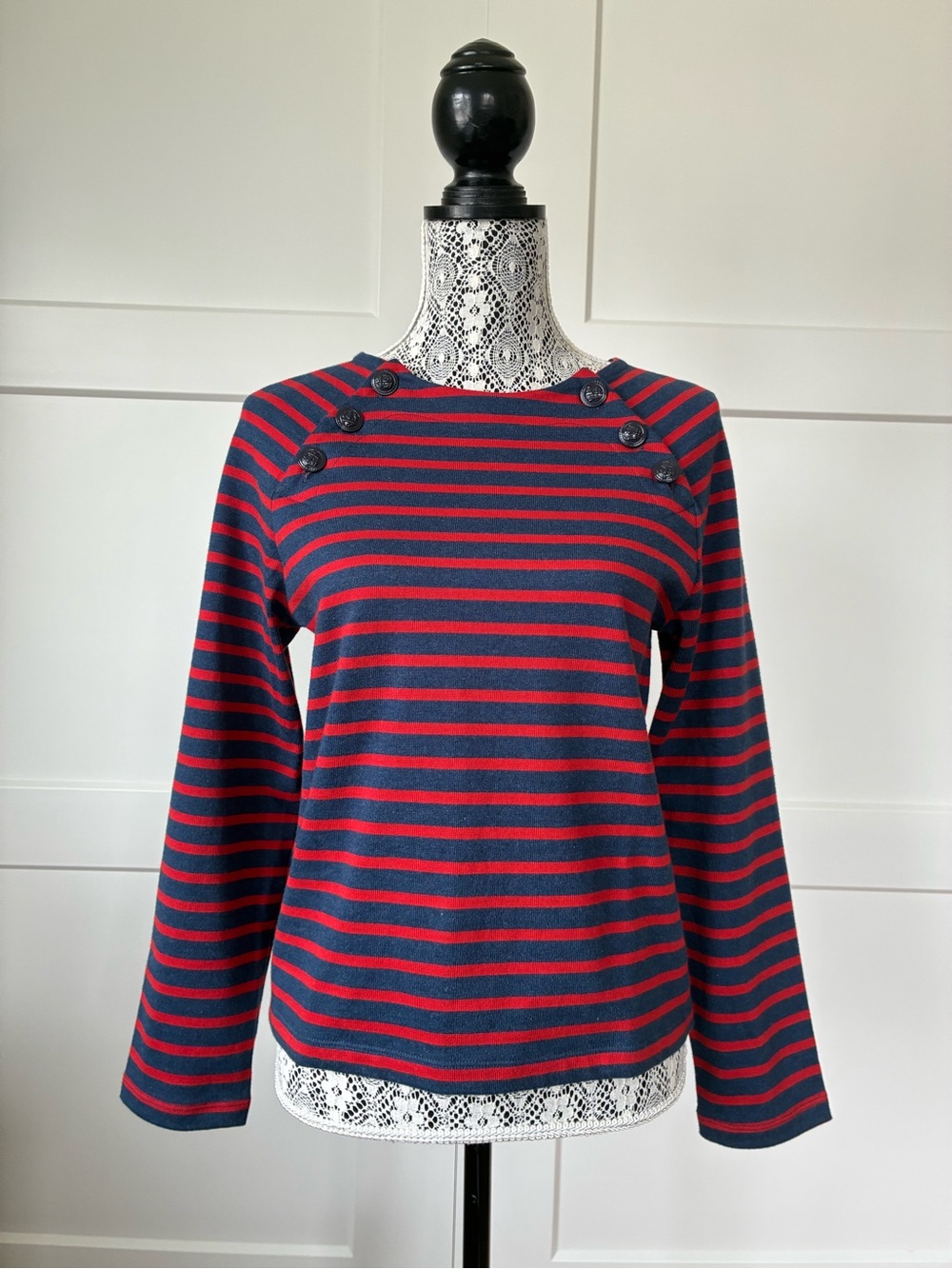 Petit Bateau Navy and Red Striped Crewneck Top